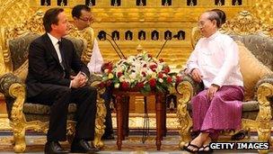 UK PM David Cameron meets Burmese President Thein Sein in Burma on 13 April 2012