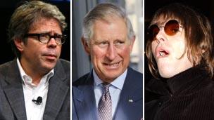 (left to right) Jonathan Franzen, Prince Charles and Liam Gallagher