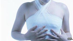 Bandaged woman following cosmetic breast surgery