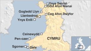 Map yn dangos 10 o Barthau Cadwraeth Morol posib yng Nghymru