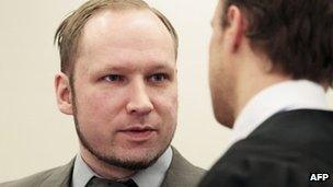 Anders Behring Breivik, in court in Oslo, 25 April
