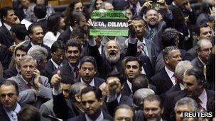 A\member of Congress protests as the Chamber of Deputies holds a plenary vote on the forest code 25 April 2012