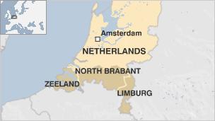 Map of the Netherlands showing Zeeland, North Brabant and Limburg