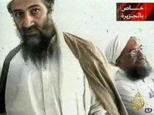 An October 2001 photo of Osama Bin Laden (left) with Ayman al-Zawahri at an undisclosed location