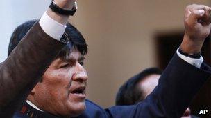 Bolivian President Evo Morales sings the national anthem on May Day 2012
