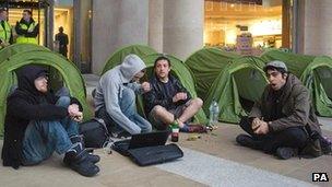 May Day demonstrators set up tents in Paternoster Square