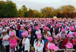 Women in bras gather for Moonwalk breast cancer fundraising walk