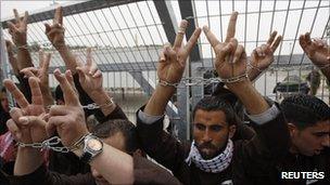 Palestinian protesters with their hands chained outside Israel's Ofer Prison (1 May 2012)