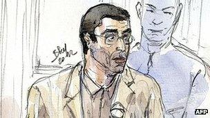 Adlene Hicheur in court, 29 Mar 12 - sketch