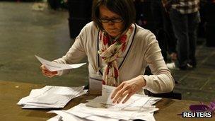 woman looks at ballot papers