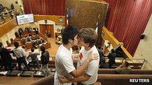 A gay couple kiss during a session of the Chilean Senate on 9 May
