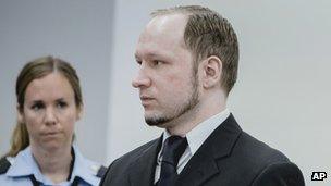 Anders Behring Breivik (right) in Oslo court. Photo: 10 May 2012