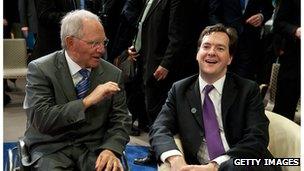 Wolfgang Schaeuble and UK Chancellor of the Exchequer George Osborne