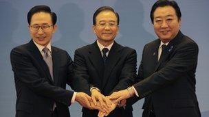 South Korean President Lee Myung-bak, China Premier Wen Jiabao and Japanese Prime Minister Yoshihiko Noda