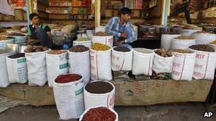 Wholesale grains, spices and pulses sellers at a market in New Delhi