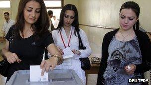 Syrian women vote in the parliamentary elections on 7 May 2012
