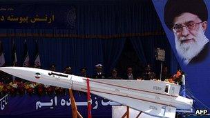 An Iranian military truck carries a Sejil rocket in Tehran in April, 2012