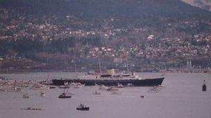 The Royal Yacht Britannia arriving in Vancouver, 1986