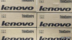 Boxes of Lenovo computers