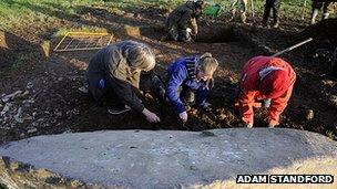 Archaeologists excavate at the Trefael Stone
