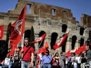 Protests against austerity in Rome by the Coliseum