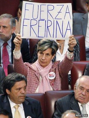 Isabel Allende holds up a placard in support of Freirina residents (21 May 2012)