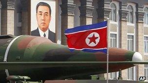 What appears to be a new missile is displayed during a military parade at the Kim Il Sung Square in Pyongyang, North Korea, 9 April 2012