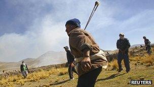 Protests at the Tinaya copper mine owned by Swiss-based Xstrata plc in Espinar, Peru, on Monday