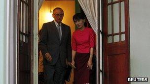 Burma's pro-democracy leader Aung San Suu Kyi and Australian Foreign Minister Bob Carr at her home in Rangoon on 6 June, 2012