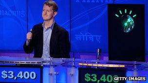 Contestant Ken Jennings competes against IBM Watson at a press conference