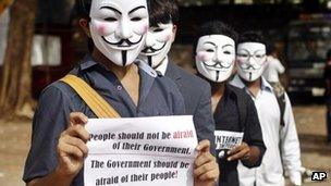 Members of a hacking group, Anonymous India, wear Guy Fawkes masks as they protest against Indian government enacted laws that gives it power to censor different aspects of Internet usage, in Mumbai