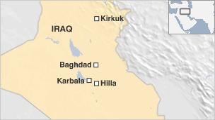Map showing location of Baghdad, Karbala, Hilla, Kirkuk