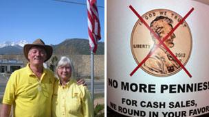 Jim Turner at KOA campsite in Estes Park, Colorado (l) and the 'No pennies' sign at Shell Lumber in Miami (r)