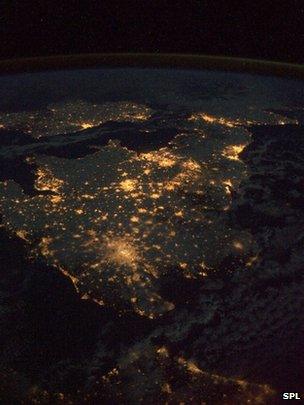 Britain seen from the air, with city lights showing