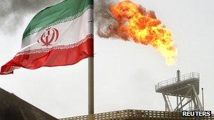 Iranian flag and oil platform