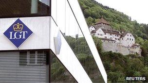 The logo of LGT Group is seen in front of the princely castle in Liechtenstein's capital, Vaduz