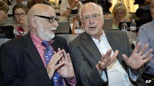 Belgian physicist Francois Englert, left, and British physicist Peter Higgs