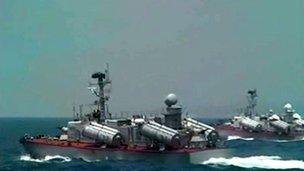 A handout picture released by the official Syrian Arab News Agency (Sana) on 7 July shows naval Syrian vessels during an exercise at an undisclosed location