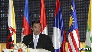 Cambodia's Prime Minister Hun Sen addresses the audience during the opening ceremony of the 45th Asean Foreign Ministers' meeting in Phnom Penh 9 July, 2012