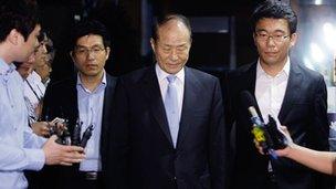 Lee Sang-deuk, South Korean President Lee Myung-bak's elder brother, pictured in the centre, is escorted by investigation officers.