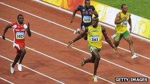 Usain Bolt winning 100m final in Beijing 2008