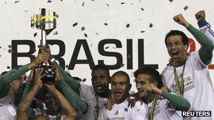 Palmeiras players celebrate following their win in the Brazilian Cup final