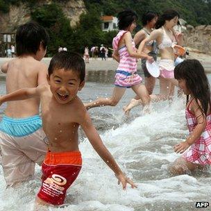 Children playing in waves