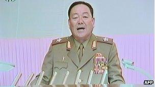 A screen grab from North Korean TV from 18 July 2012 showing Hyon Yong-chol, who has apparently been appointed to the rank of army chief