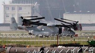 The US military's Osprey aircraft seen after being unloaded at a US base in Iwakuni city in Yamaguchi prefecture, western Japan on 23 July 2012