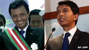 Former and current Madagascan leaders Marc Ravalomanana (L) and Andry Rajoelina (file images)