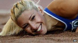 Voula Papachristou taking part in triple jump at the European Athletics Championships in Helsinki, Finland (June 2012)