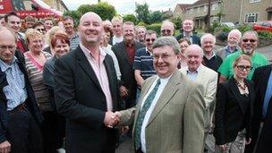 Pete Levy, left, with Lib Dem Somerset council group leader Sam Crabb and Lib Dem campaigners