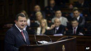 Incoming Serbian Prime Minister Ivica Dacic addresses parliament in Belgrade, 26 July