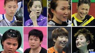 A combination of pictures on 1 August, 2012, shows eight badminton players disqualified Wednesday in a match-fixing scandal at the Olympic badminton tournament in London. (Top Row L-R) South Korea's Kim Ha Na, Ha Jung-Eun, Kim Min-Jung, Jung Kyung-Eun, (Bottom Row L-R) Indonesia's Greysia Polii, Meiliana Jauhari and China's Wang Xiaoli and Yu Yang